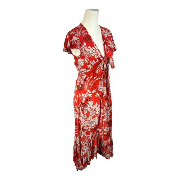 Aakaa Red Sexy Summer Floral Deep V Neck High Low Flowy Front Tie Maxi Dress S - Picture 3 of 16